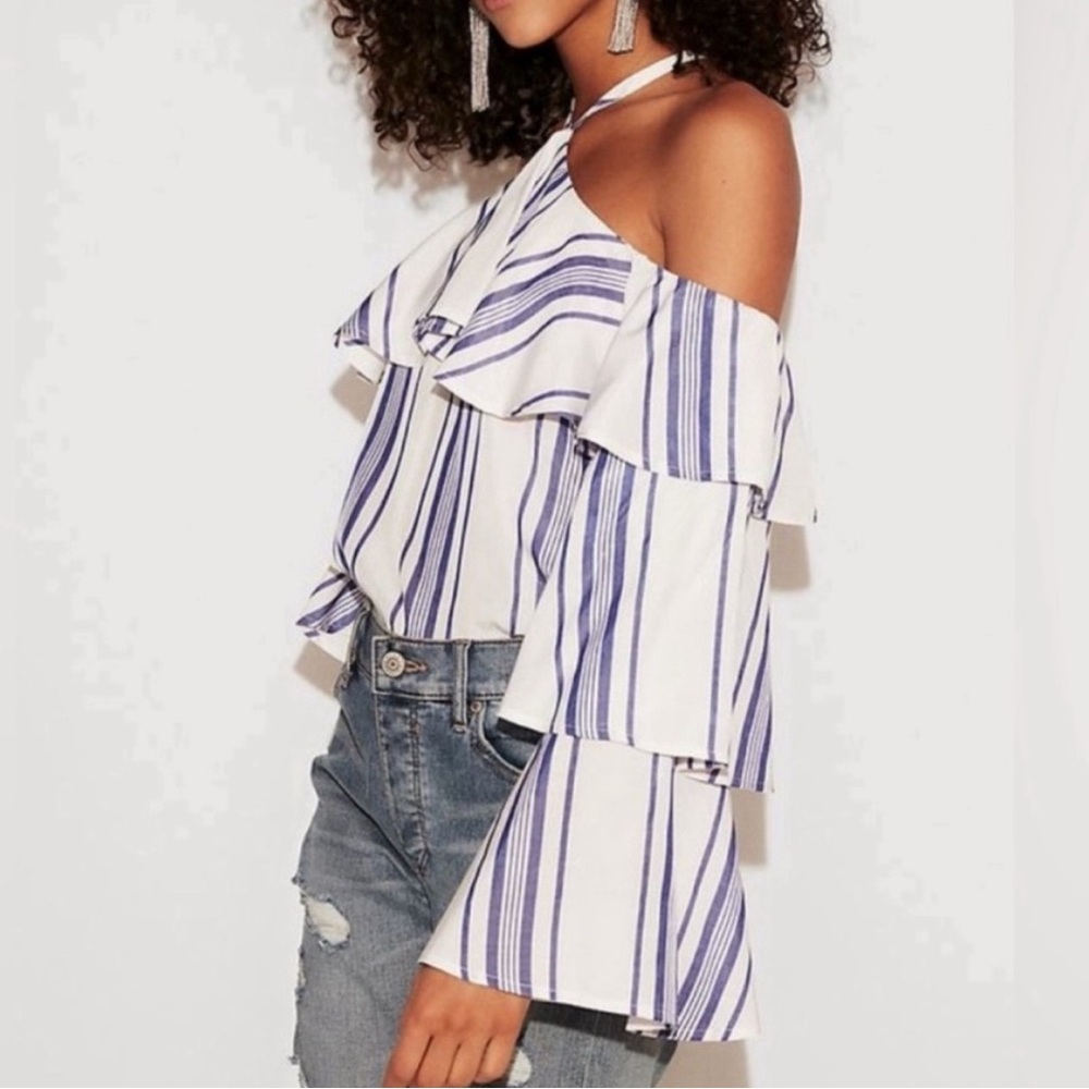 Express Blue and White Striped Off-the-Shoulder Criss-Cross Blouse